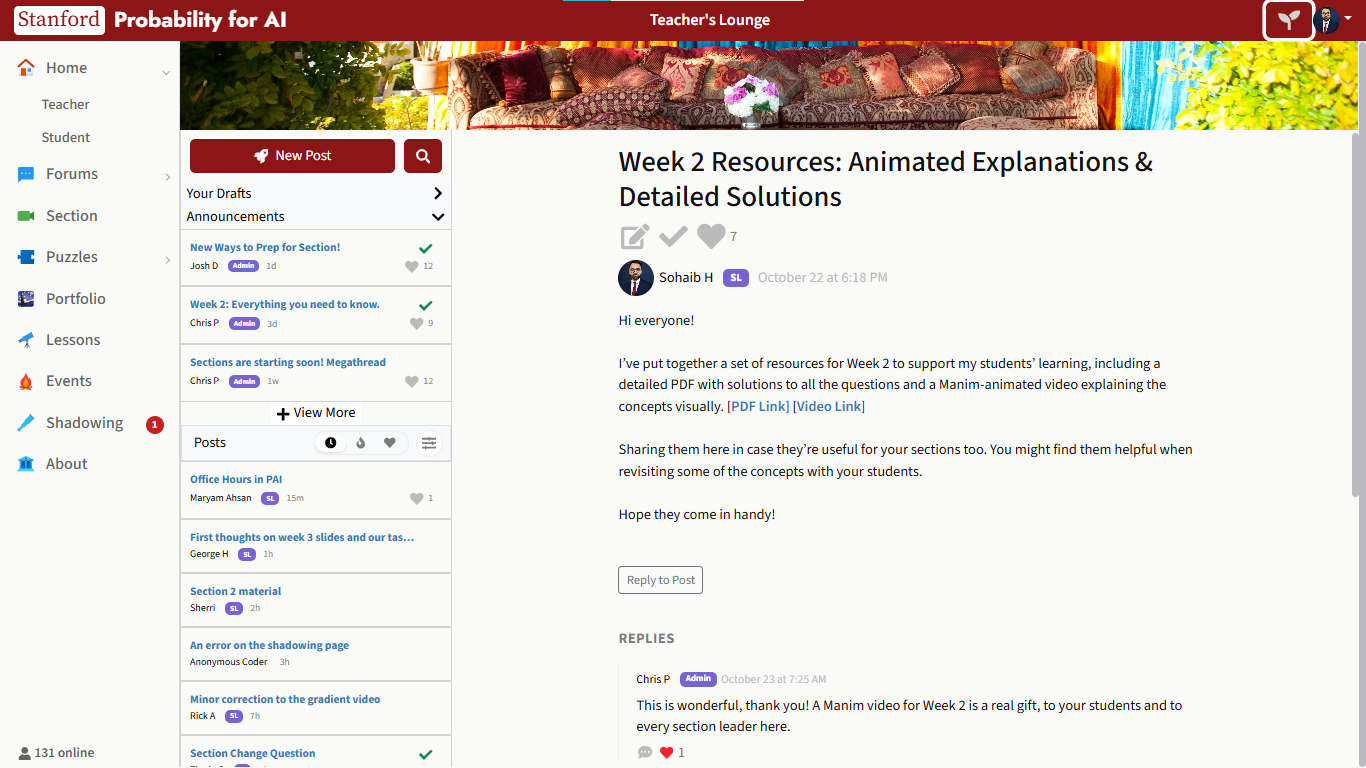 Prof. Chris Piech's reply to my Manim animation for Week 2 of Probability for AI